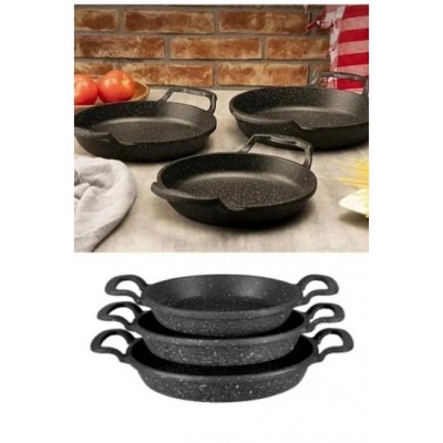  Siyah 3'lü Granit Döküm Sahan Seti Paslanmaz Çelik Sahan Tava Seti Yumurta Tavası (22-20-18CM)